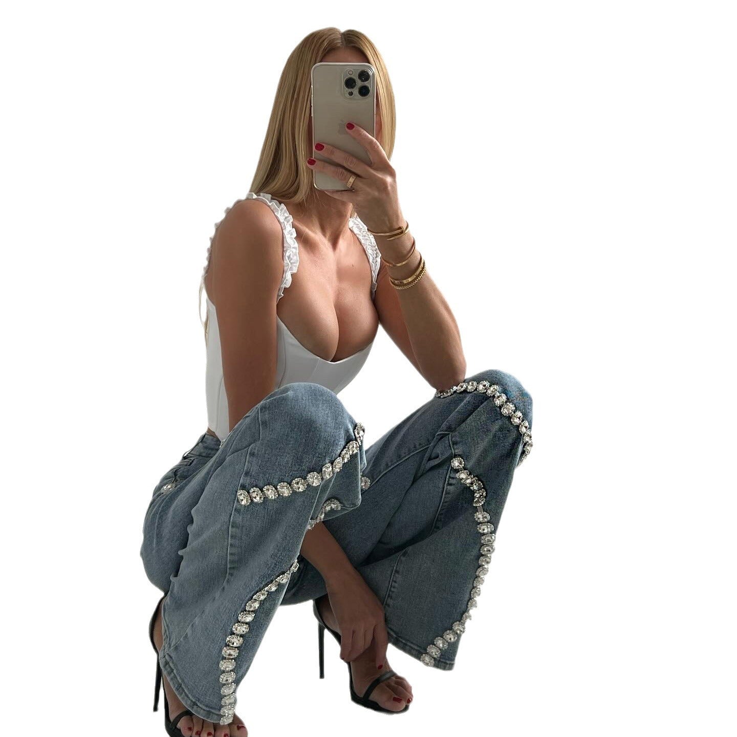 Loose Straight Leg Jeans – Fashionable Casual Pants with Rhinestone Denim Design for Women TrendAura.