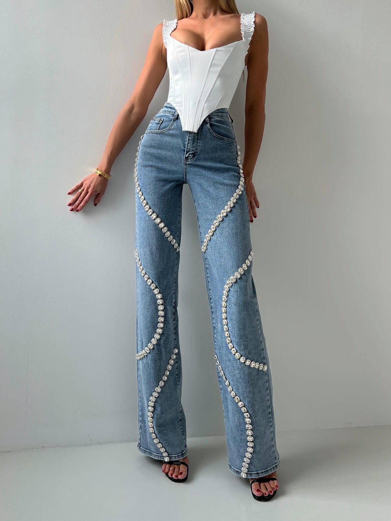Loose Straight Leg Jeans – Fashionable Casual Pants with Rhinestone Denim Design for Women TrendAura.