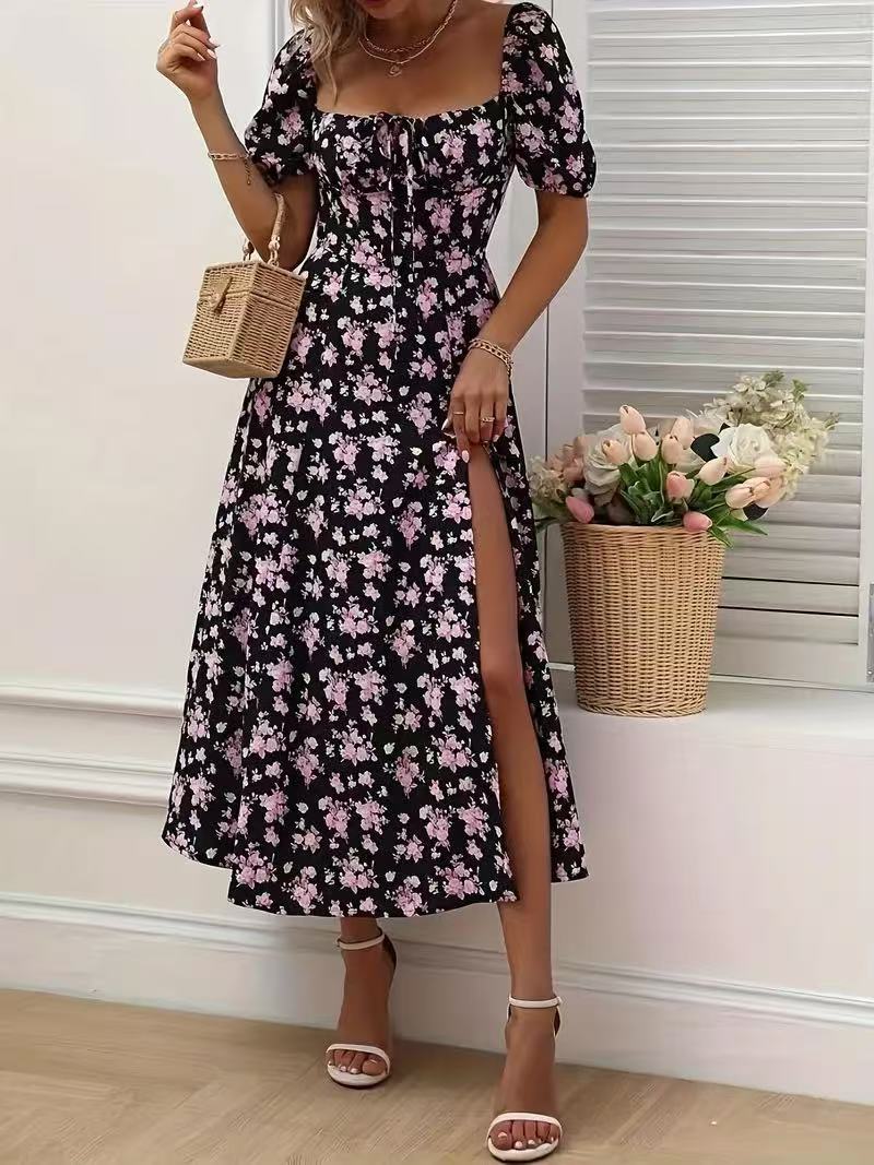 Floral Print Short Sleeve Split Dress – Lace-Up Summer Fashion Long Beach Dress for Women TrendAura.